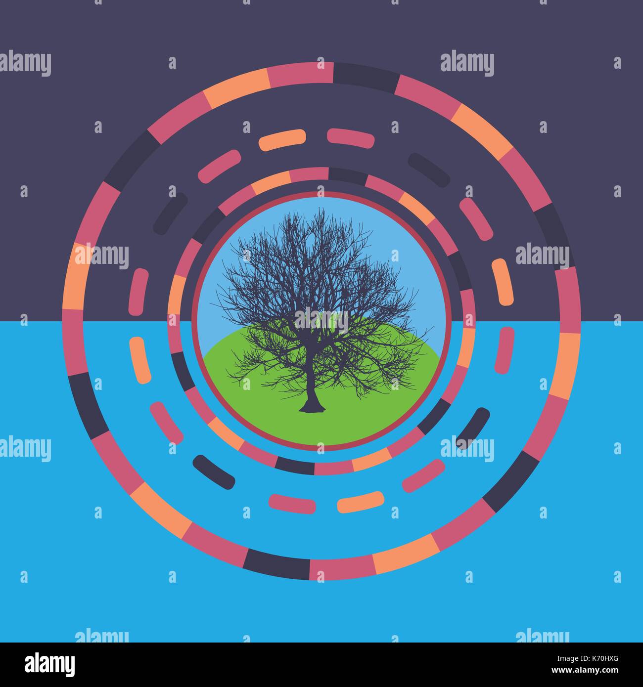 Tecnologia round colorato sfondo con albero. astratta illustrazione digitale. Il concetto di connessione. electronic design tondo. moderne linee di astrazione e punti Illustrazione Vettoriale