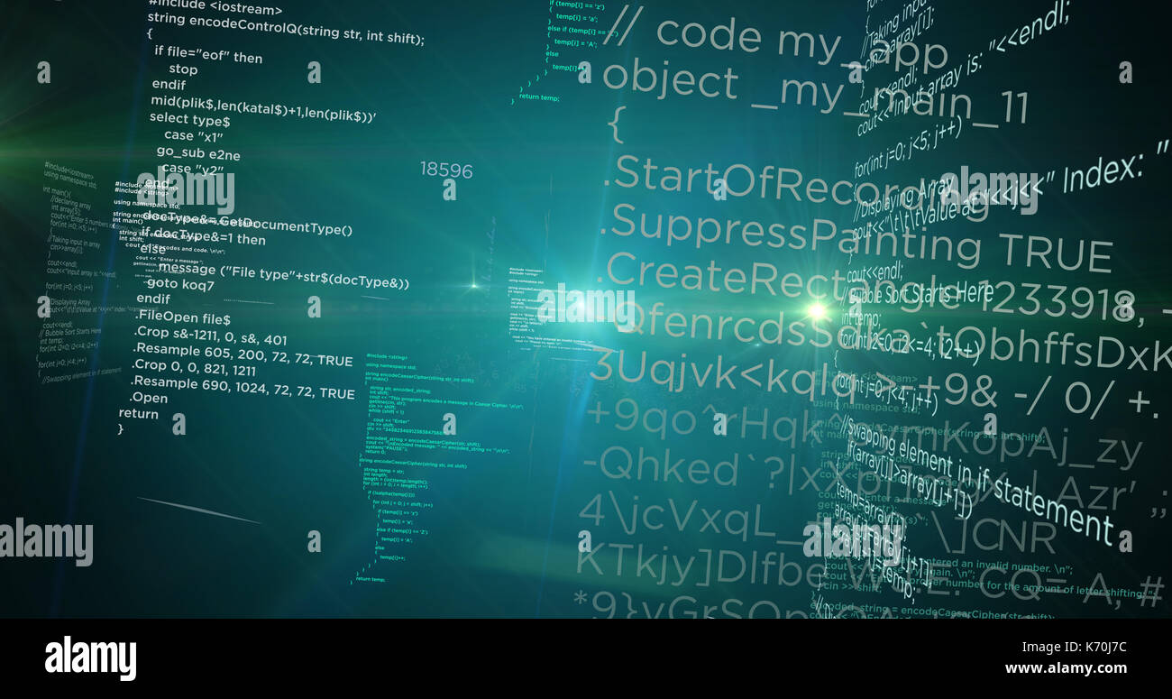 Dati di grandi dimensioni e un codice di programmazione per computer su sfondo verde. concetto astratto di informazioni, il cyberspazio e la tecnologia aziendale. Foto Stock