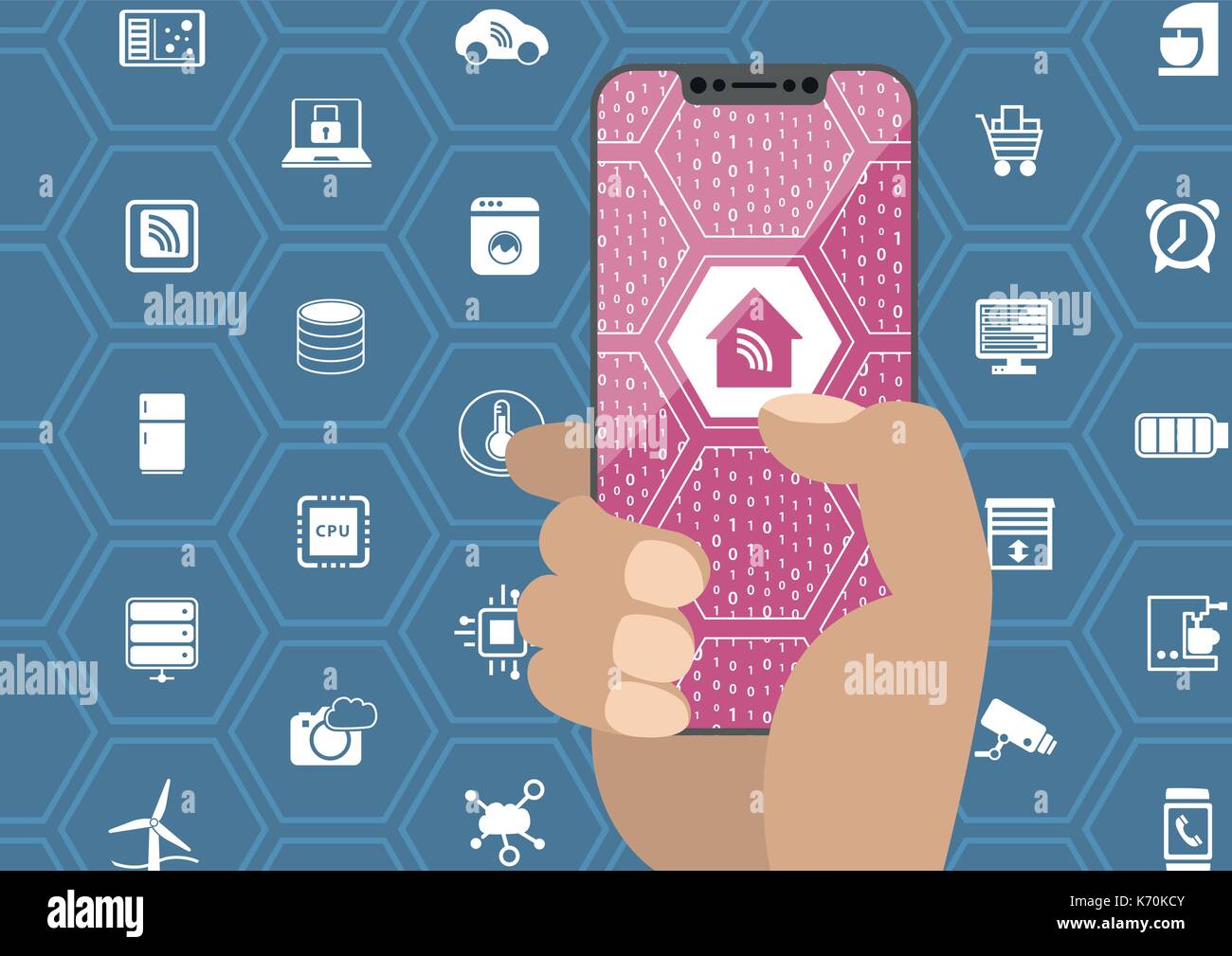 Sistema di automazione intelligente concetto con la mano che tiene la mascherina dello smartphone libero. Simboli e cornice display come illustrazione vettoriale. Illustrazione Vettoriale