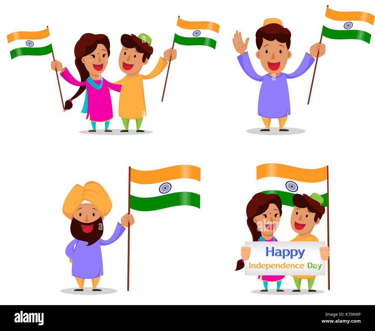 Giorno di indipendenza in India. Biglietto di auguri con divertenti personaggi dei cartoni animati. Popolo Indiano con bandiera nazionale. Illustrazione Vettoriale Illustrazione Vettoriale