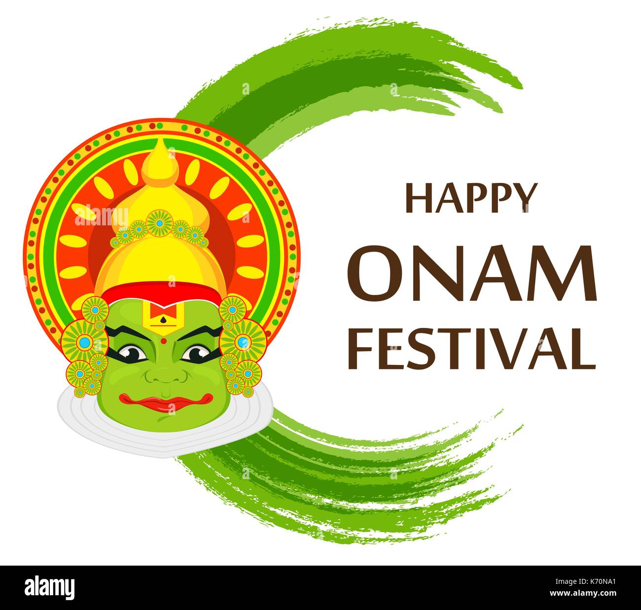 Kathakali faccia con corona pesante per il festival di Onam celebrazione. Colorata illustrazione vettoriale. Illustrazione Vettoriale