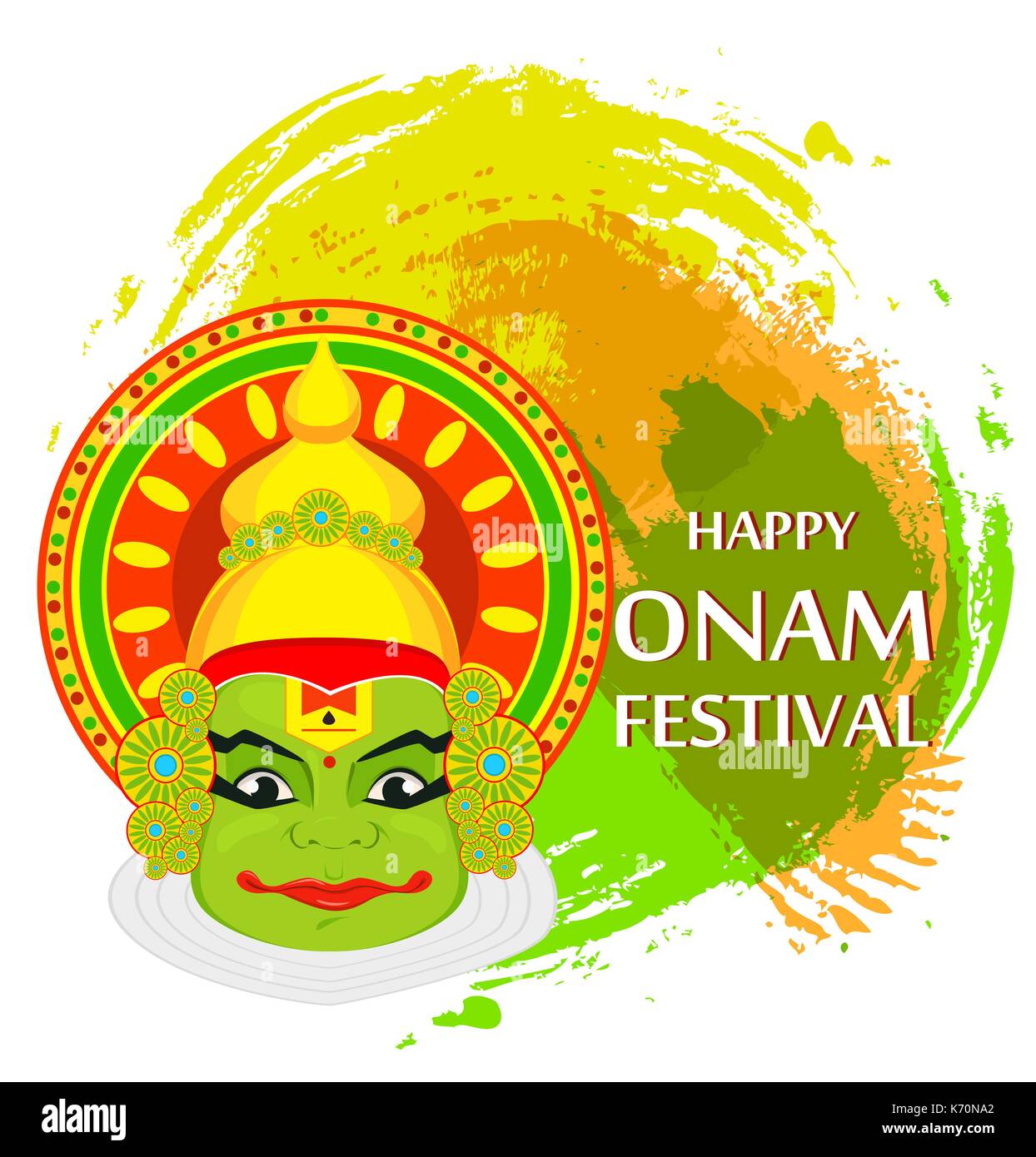 Kathakali faccia con corona pesante per il festival di Onam celebrazione su grunge background. Colorata illustrazione vettoriale. Illustrazione Vettoriale