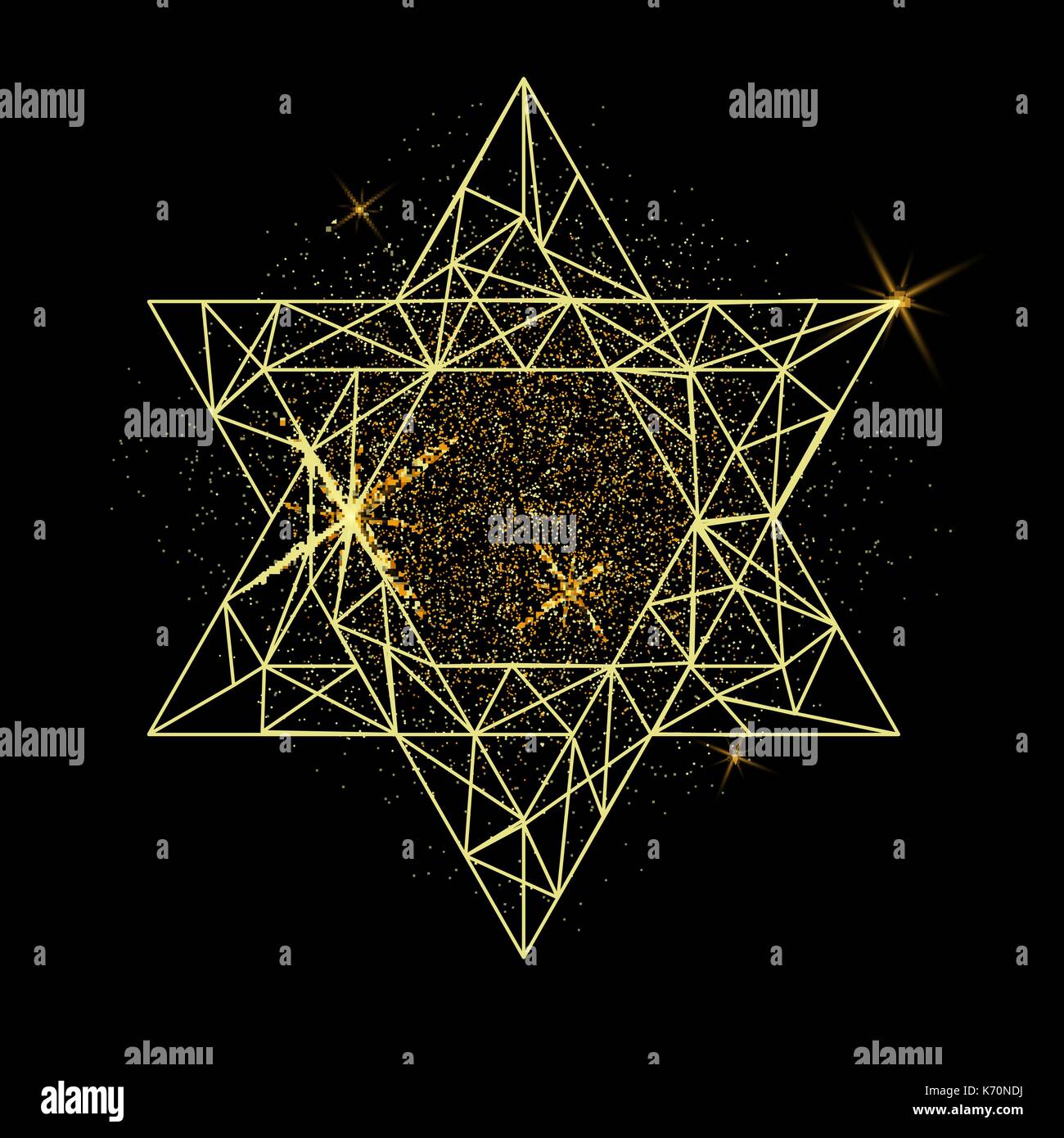 Rosh Hashanah biglietto di auguri con poligonale gialla stella di Davide e punti d'oro. Illustrazione Vettoriale per Ebrei Nuovo Anno su sfondo nero Illustrazione Vettoriale