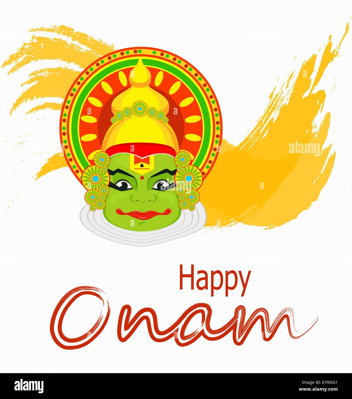 Kathakali faccia con corona pesante per il festival di Onam celebrazione. Colorata illustrazione vettoriale su sfondo astratto. Illustrazione Vettoriale