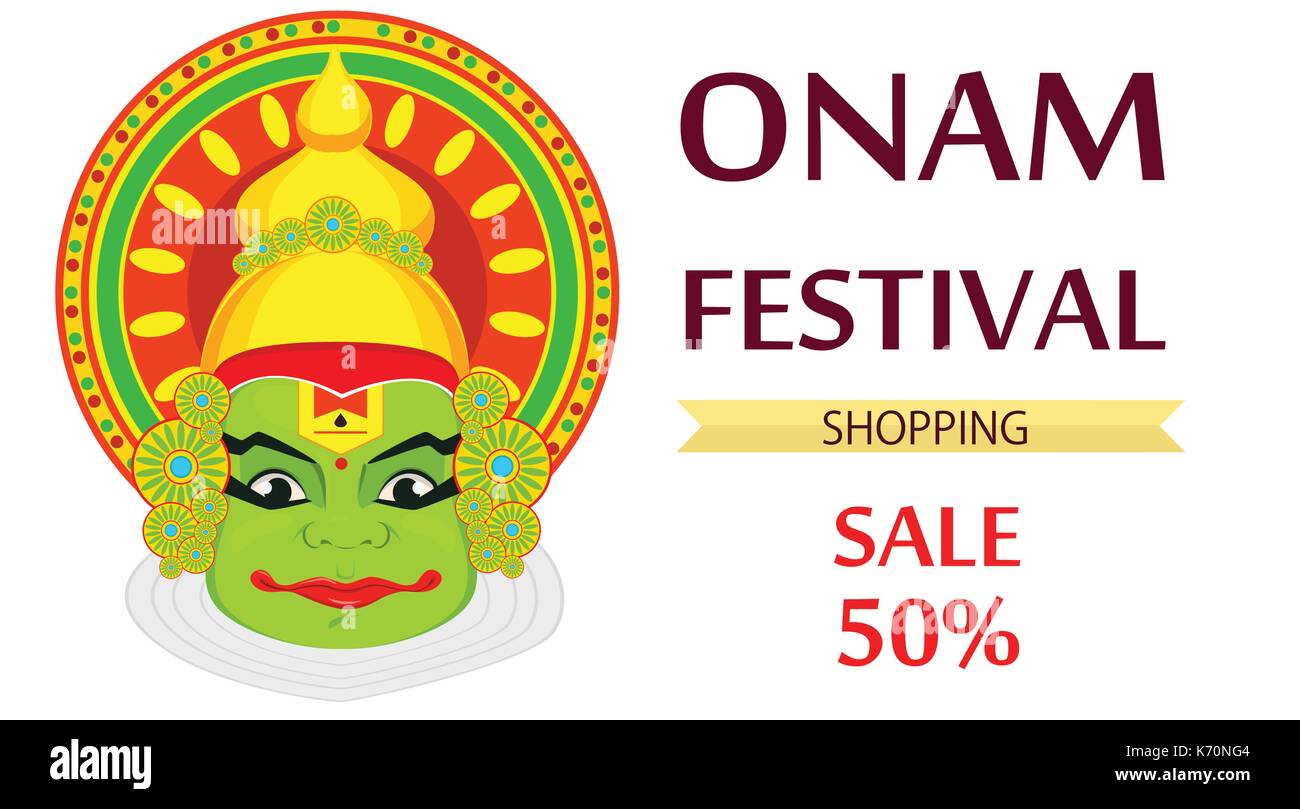 Kathakali faccia con corona pesante per il festival di Onam celebrazione. Illustrazione Vettoriale per la vendita su sfondo bianco. Illustrazione Vettoriale