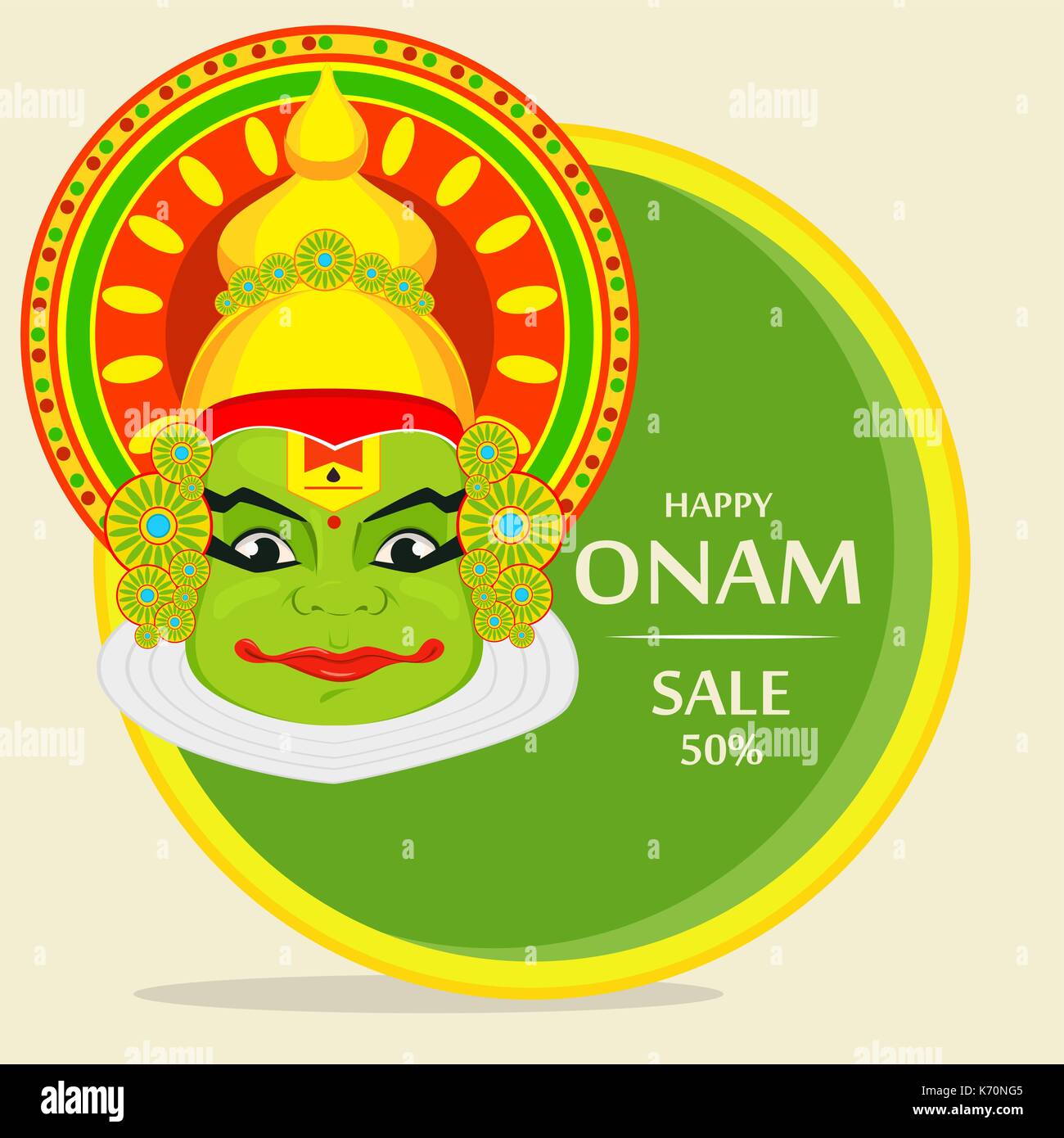 Kathakali faccia con corona pesante per il festival di Onam celebrazione. Illustrazione per la vendita, banner. Vettore di stock Illustrazione Vettoriale