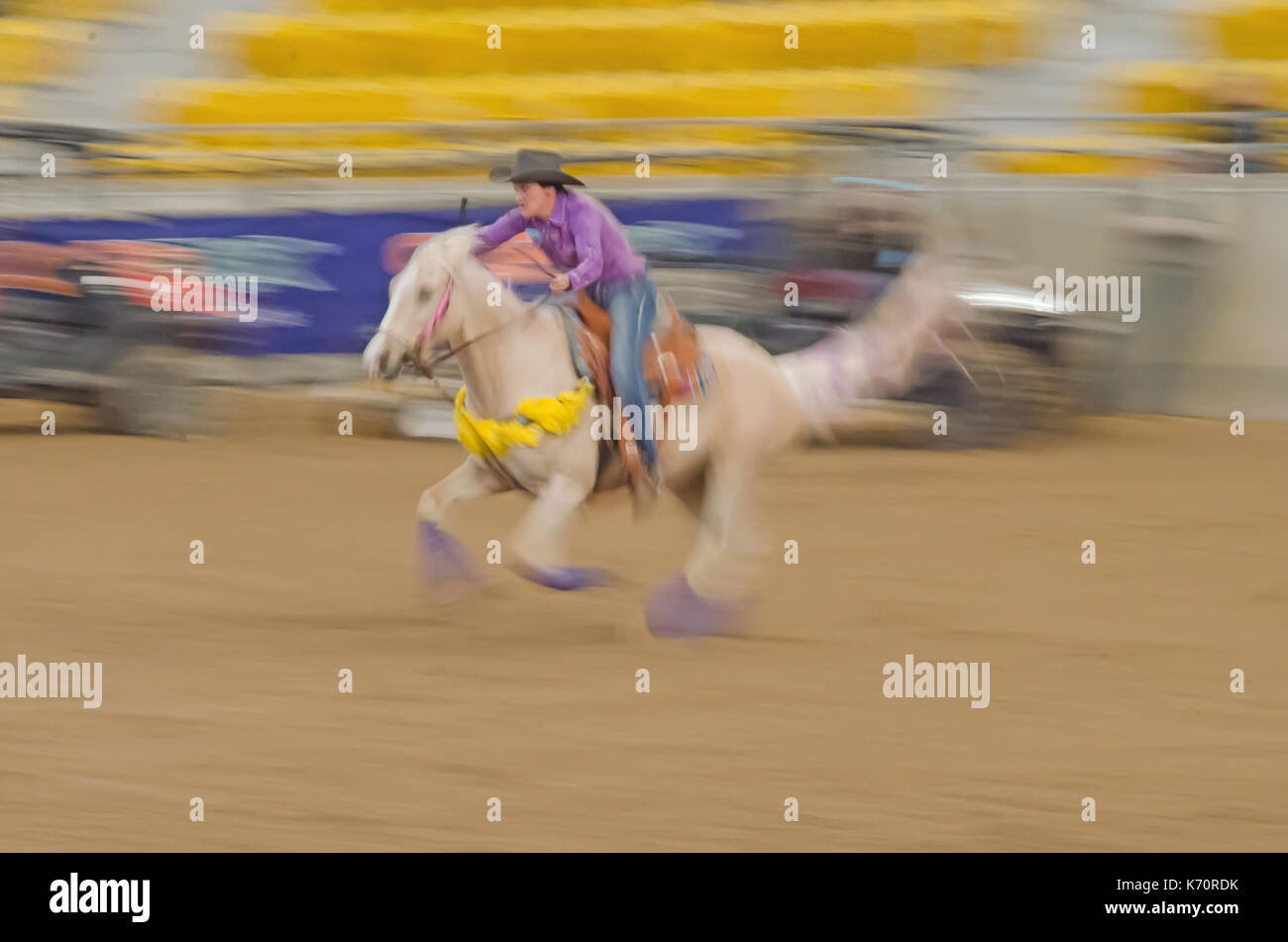 Cavallo Sport, onorevoli Finali Nazionali Corsa della botte presso l'Australian cavalli e bestiame Eventi Centro (AELEC) Indoor Arena,Tamworth NSW Australia,sett Foto Stock
