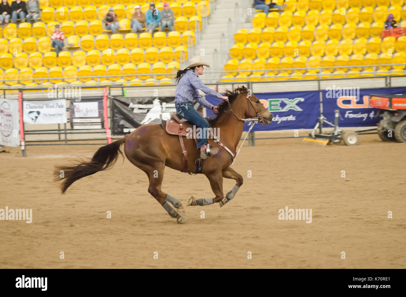Cavallo Sport, onorevoli Finali Nazionali Corsa della botte presso l'Australian cavalli e bestiame Eventi Centro (AELEC) Indoor Arena,Tamworth NSW Australia,sett Foto Stock