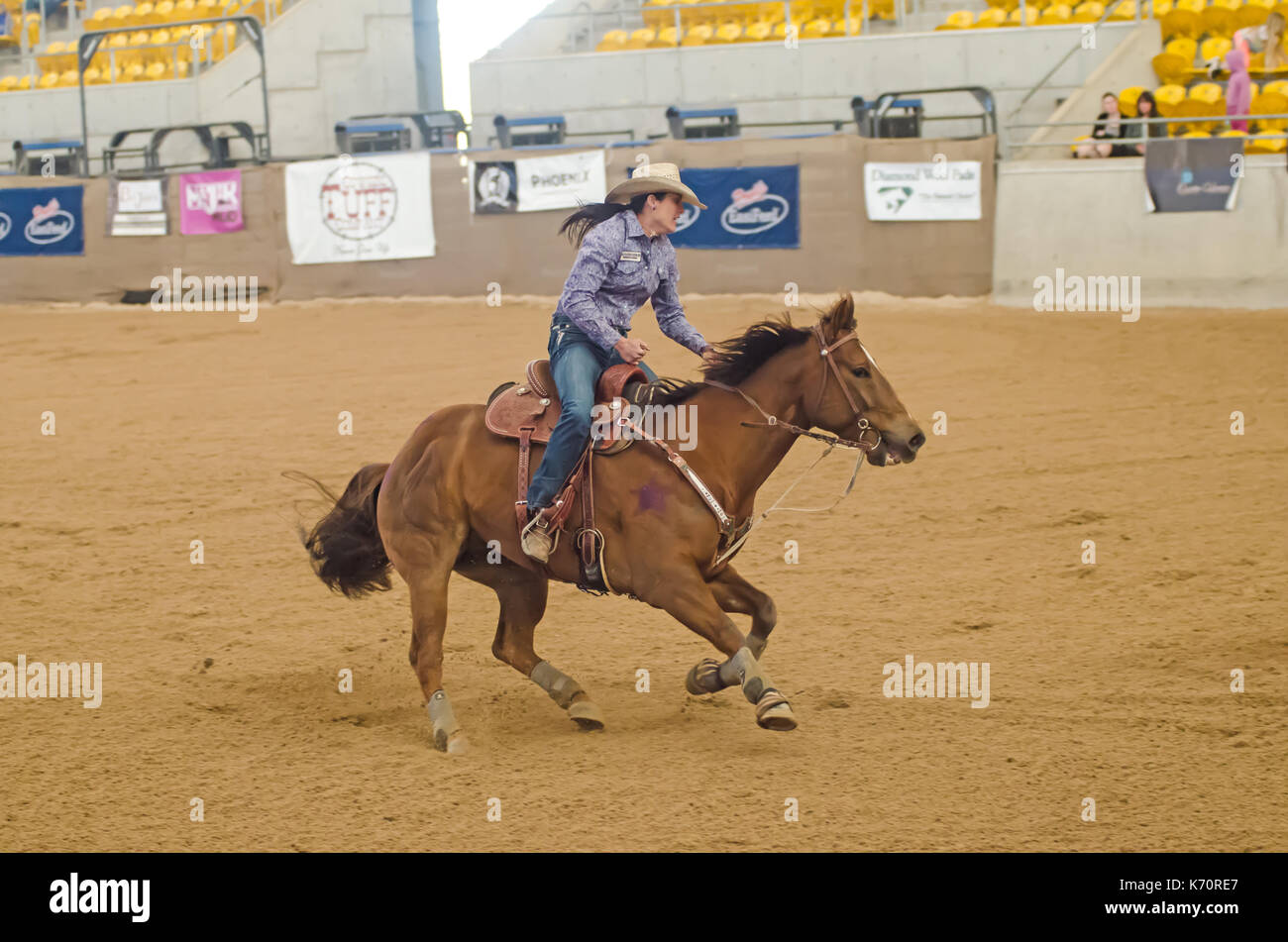 Cavallo Sport, onorevoli Finali Nazionali Corsa della botte presso l'Australian cavalli e bestiame Eventi Centro (AELEC) Indoor Arena,Tamworth NSW Australia,sett Foto Stock