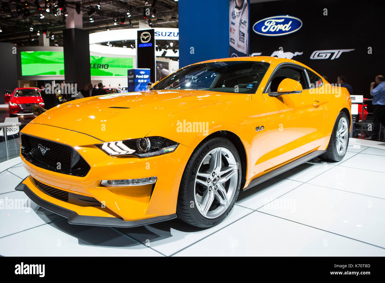 Francoforte, Germania. 12 settembre 2017. Salone Internazionale del motore 2017 (IAA, Internazionale Automobill-Ausstellung), Giornata Stampa: Ford Mustang GT 5.0 (2018). Credito: Christian Lademann Foto Stock