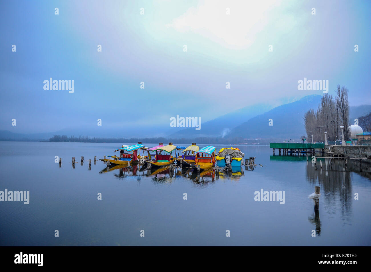Bella barca chiamata 'Shikara' a Dal lago Kashmir durante il periodo invernale Foto Stock