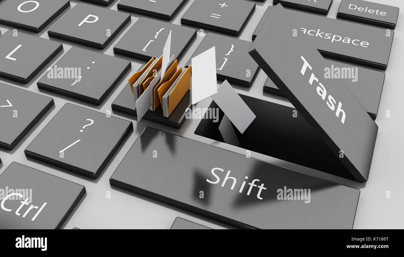 3d illustrazione. gettando carte per aprire il pulsante "Cestino". Foto Stock