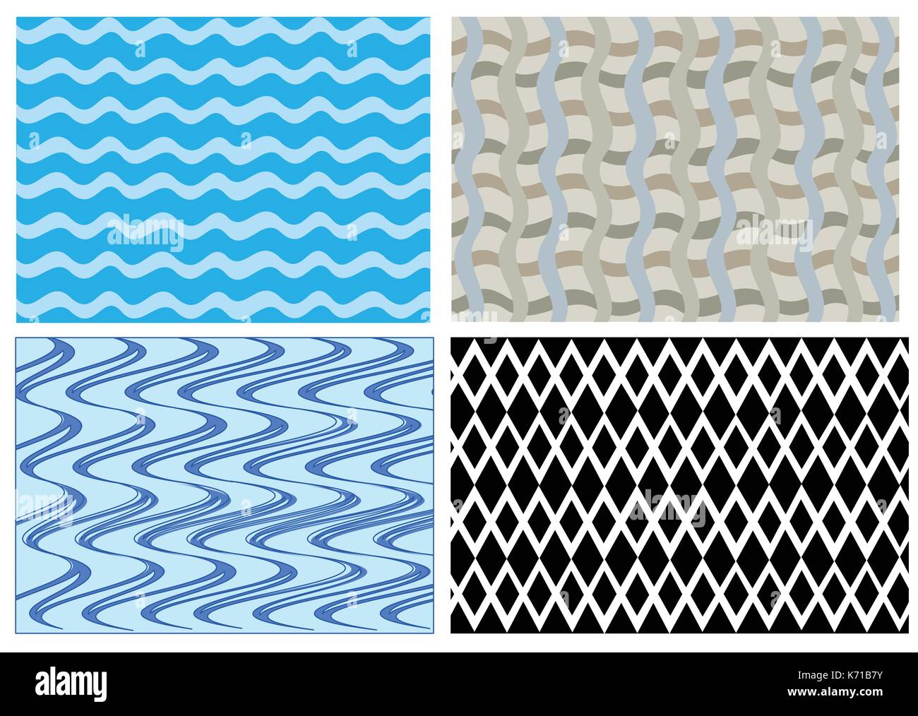 Quattro differenti campioni di onda e modelli di diamante blu e bianco e nero Illustrazione Vettoriale
