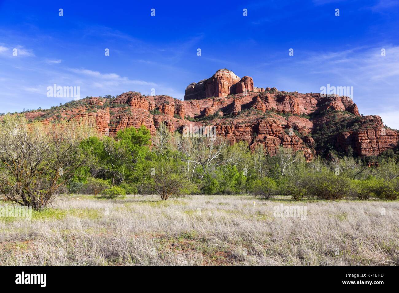 Cathedral Rock Sandstone Cliffs Scenic Panoramic Landscape View con Green Valley e Blue Skyline nel Red Rock State Park Sedona, Arizona, Stati Uniti Foto Stock