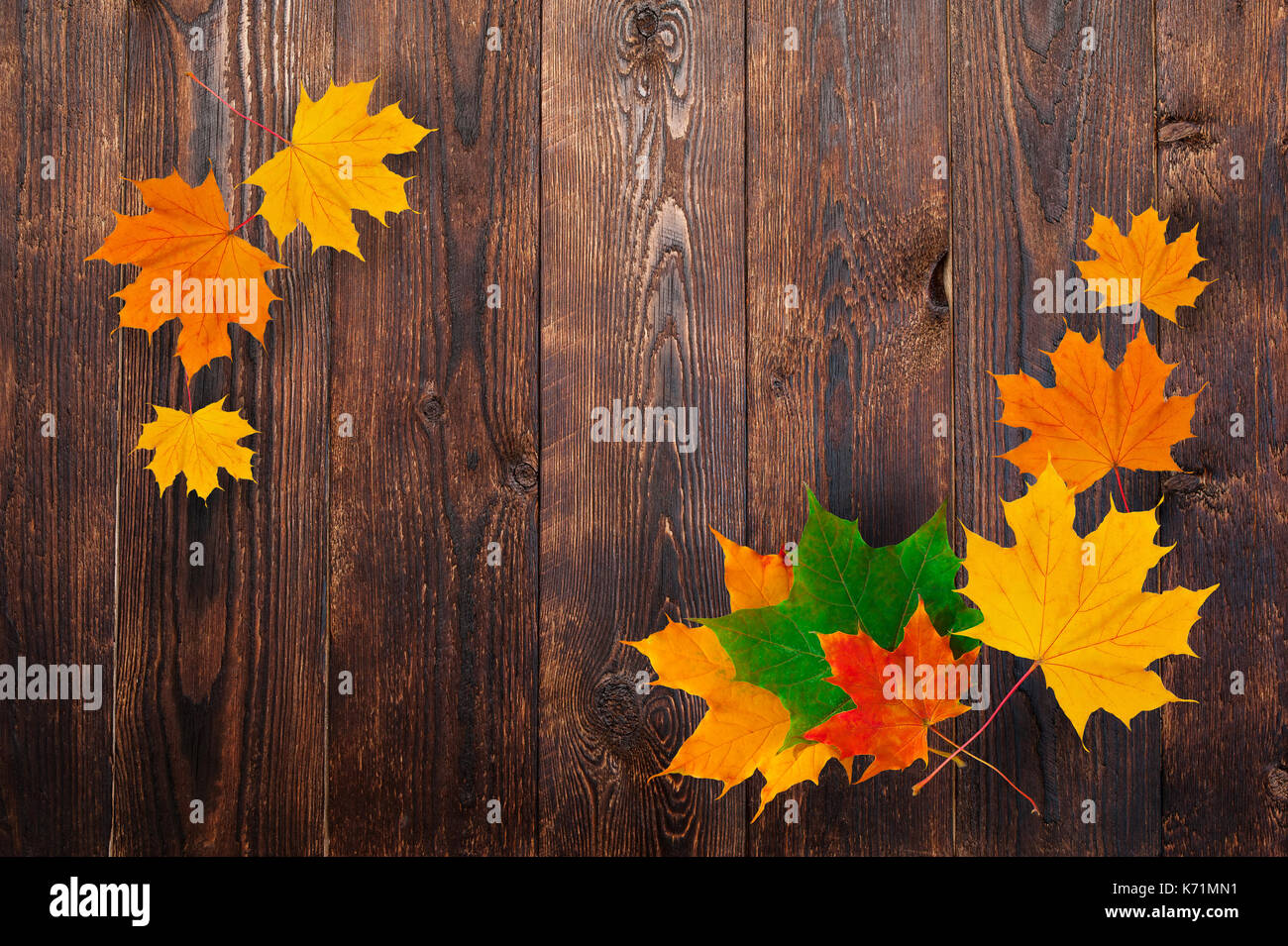 Telaio di autunno foglie di acero su uno sfondo di legno. design e spazio per il testo Foto Stock