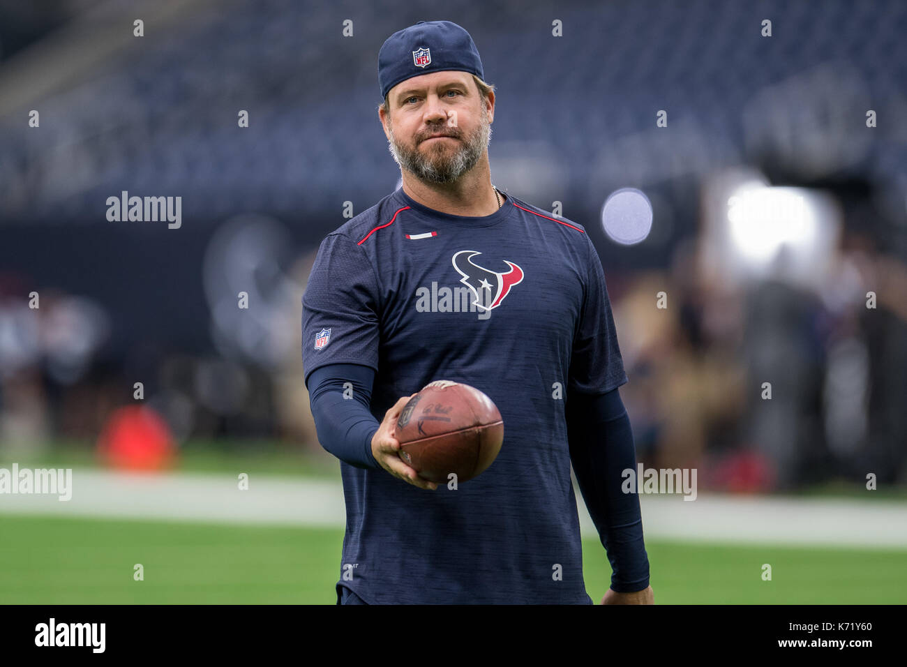10 settembre 2017: Houston Texans punter Shane Lechler (9) prima di NFL di una partita di calcio tra la Houston Texans e Jacksonville Jaguars a NRG Stadium di Houston, TX. I giaguari hanno vinto la partita 29-7...Trask Smith/CSM Foto Stock