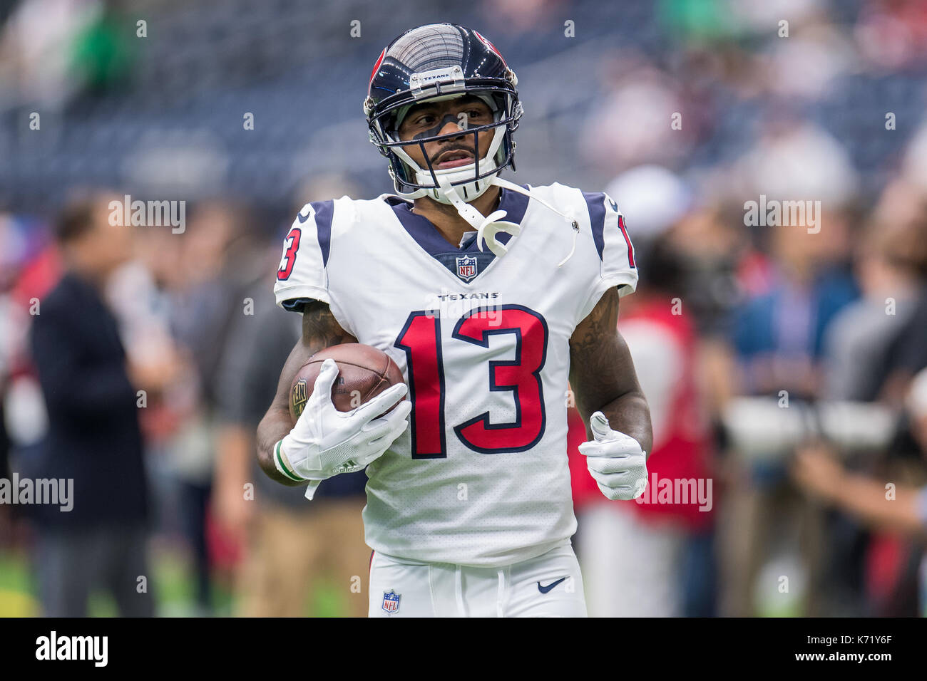 10 settembre 2017: Houston Texans wide receiver Braxton Miller (13) prima di NFL di una partita di calcio tra la Houston Texans e Jacksonville Jaguars a NRG Stadium di Houston, TX. I giaguari hanno vinto la partita 29-7...Trask Smith/CSM Foto Stock