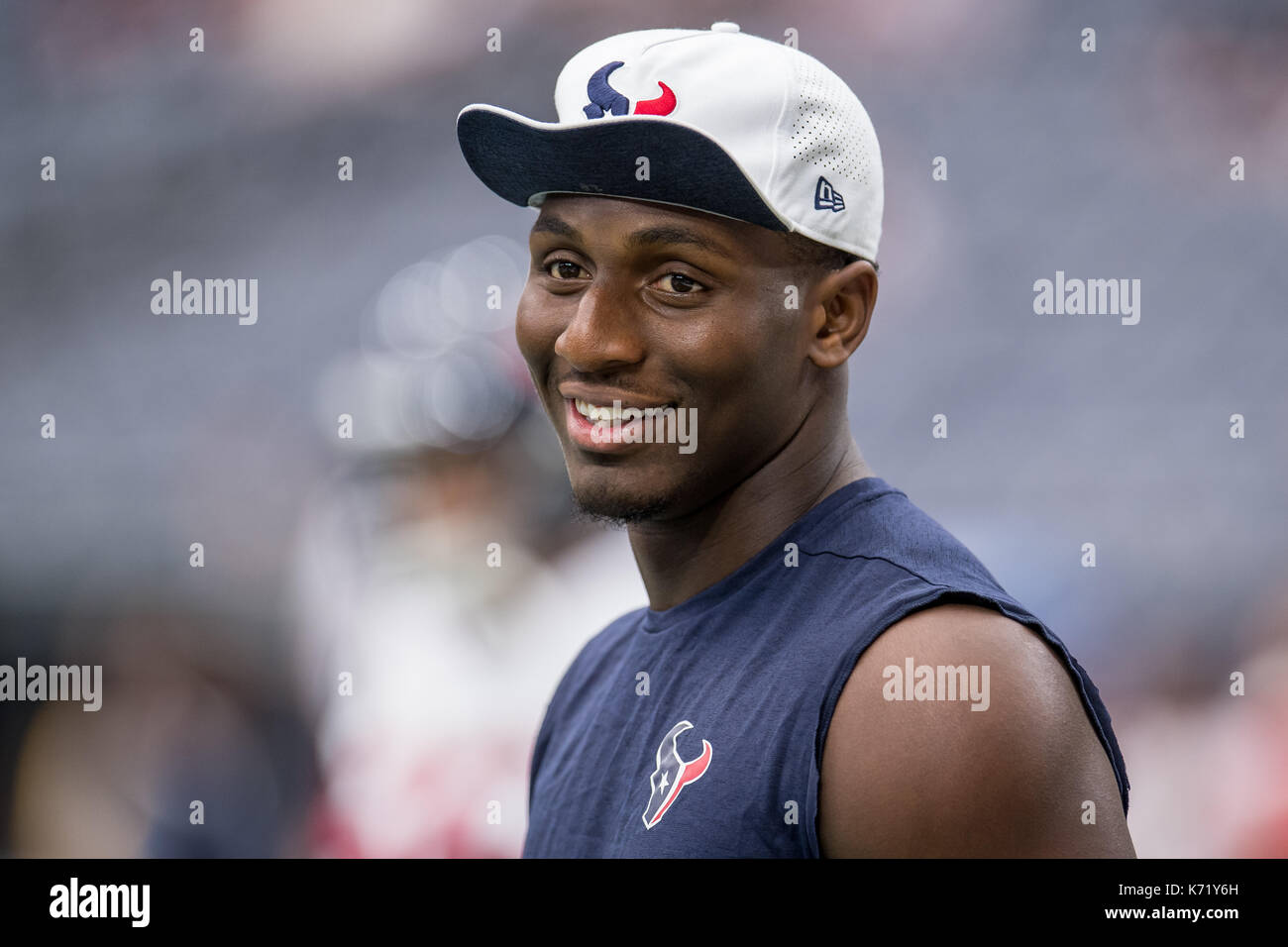 10 settembre 2017: Houston Texans running back Alfred blu (28) prima di NFL di una partita di calcio tra la Houston Texans e Jacksonville Jaguars a NRG Stadium di Houston, TX. I giaguari hanno vinto la partita 29-7...Trask Smith/CSM Foto Stock