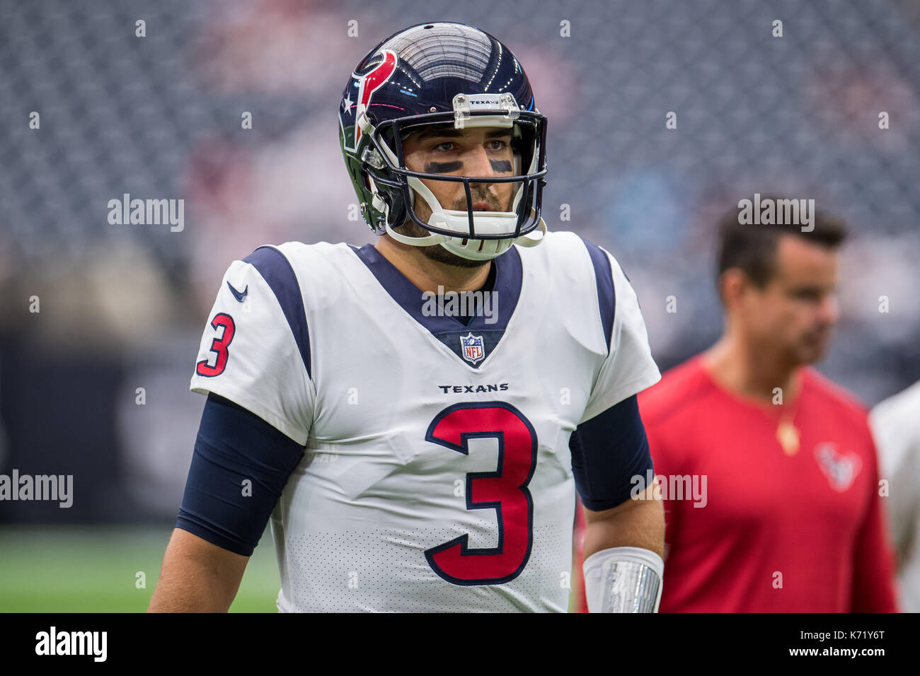 10 settembre 2017: Houston Texans quarterback Tom Savage (3) prima di NFL di una partita di calcio tra la Houston Texans e Jacksonville Jaguars a NRG Stadium di Houston, TX. I giaguari hanno vinto la partita 29-7...Trask Smith/CSM Foto Stock
