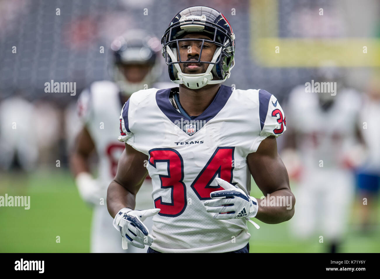 10 settembre 2017: Houston Texans running back Tyler Ervin (34) prima di NFL di una partita di calcio tra la Houston Texans e Jacksonville Jaguars a NRG Stadium di Houston, TX. I giaguari hanno vinto la partita 29-7...Trask Smith/CSM Foto Stock