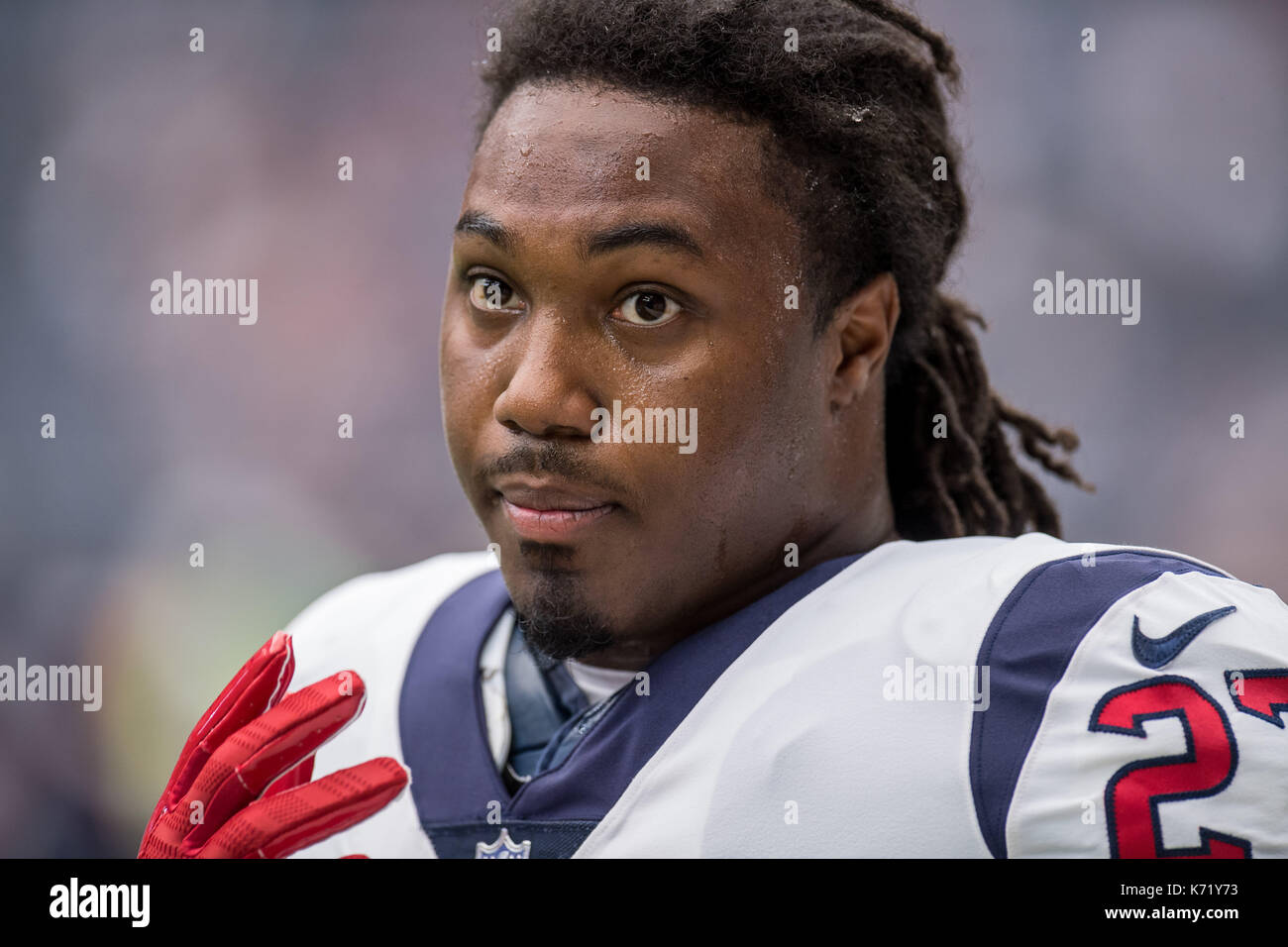 10 settembre 2017: Houston Texans running back D'onta Foreman (27) prima di NFL di una partita di calcio tra la Houston Texans e Jacksonville Jaguars a NRG Stadium di Houston, TX. I giaguari hanno vinto la partita 29-7...Trask Smith/CSM Foto Stock
