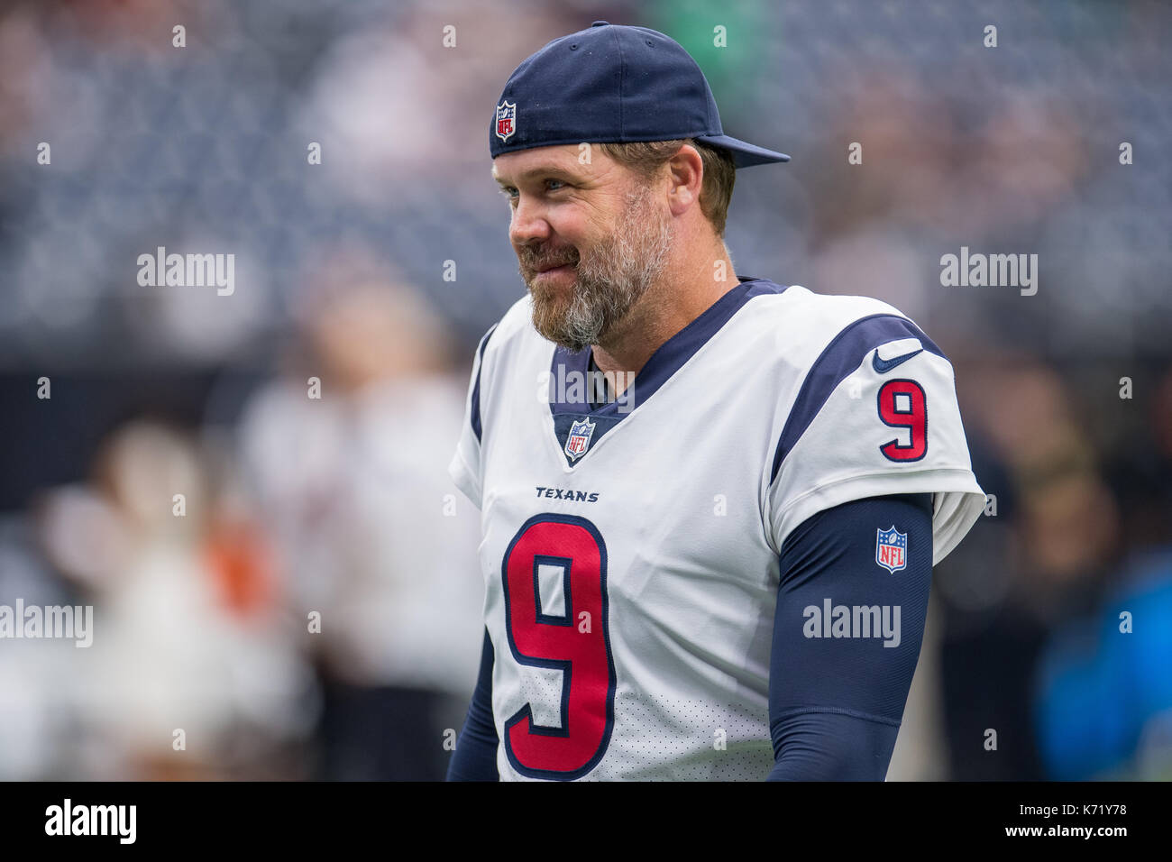 10 settembre 2017: Houston Texans punter Shane Lechler (9) prima di NFL di una partita di calcio tra la Houston Texans e Jacksonville Jaguars a NRG Stadium di Houston, TX. I giaguari hanno vinto la partita 29-7...Trask Smith/CSM Foto Stock