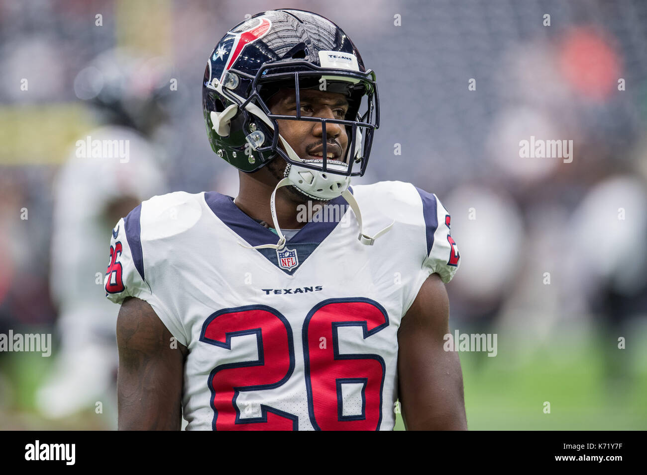 10 settembre 2017: Houston Texans running back Lamar Miller (26) prima di NFL di una partita di calcio tra la Houston Texans e Jacksonville Jaguars a NRG Stadium di Houston, TX. I giaguari hanno vinto la partita 29-7...Trask Smith/CSM Foto Stock