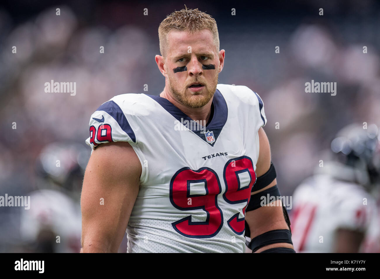 10 settembre 2017: Houston Texans difensivo fine J.J. Watt (99) prima di NFL di una partita di calcio tra la Houston Texans e Jacksonville Jaguars a NRG Stadium di Houston, TX. I giaguari hanno vinto la partita 29-7...Trask Smith/CSM Foto Stock