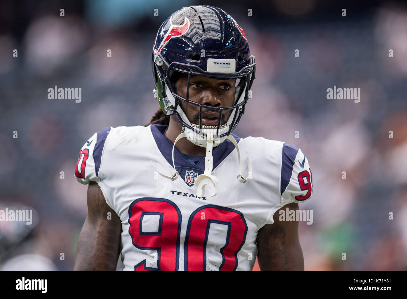 10 settembre 2017: Houston Texans difensivo fine Jadeveon Clowney (90) prima di NFL di una partita di calcio tra la Houston Texans e Jacksonville Jaguars a NRG Stadium di Houston, TX. I giaguari hanno vinto la partita 29-7...Trask Smith/CSM Foto Stock