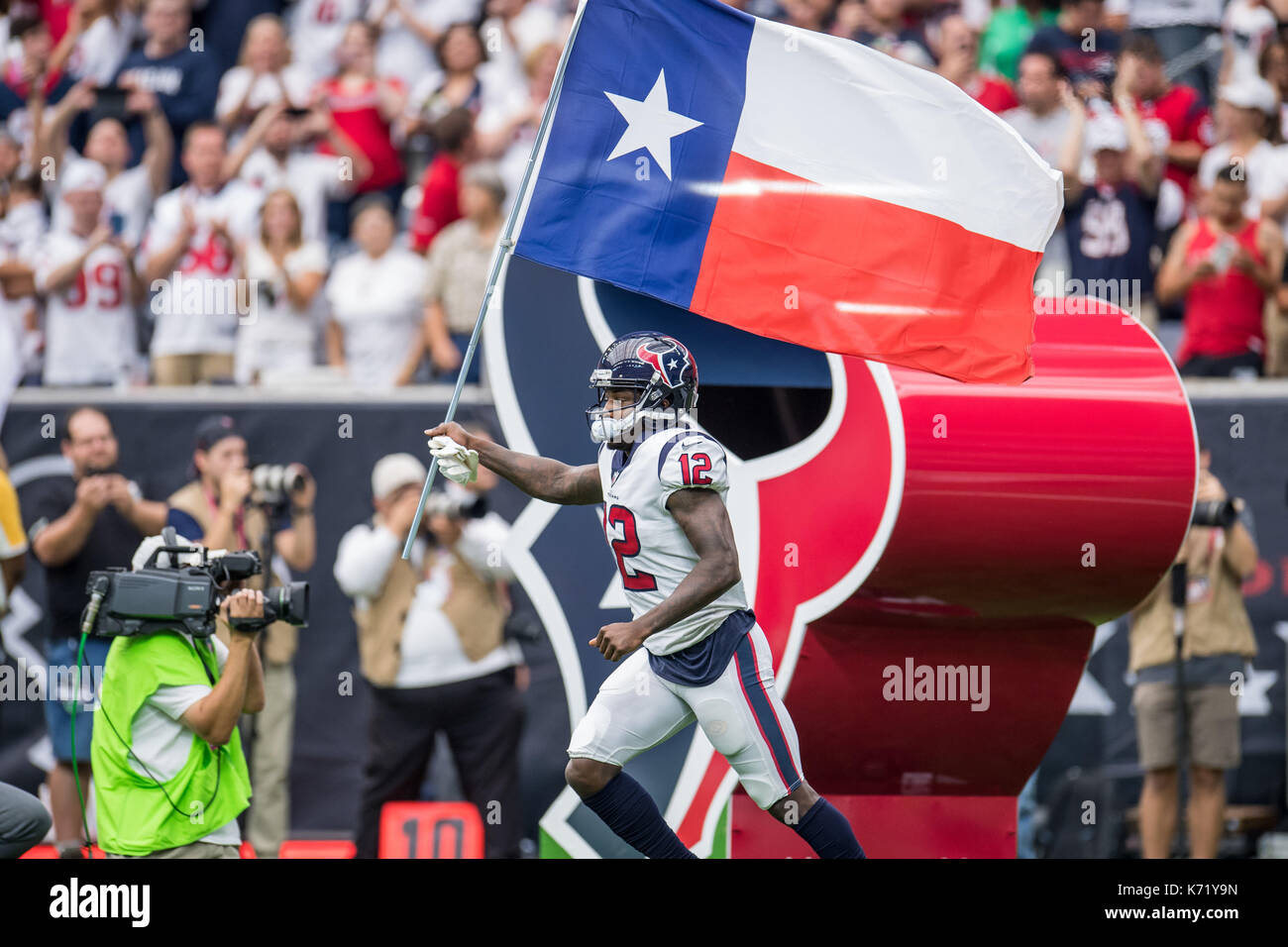 10 settembre 2017: Houston Texans wide receiver Bruce Ellington (12) entra nel campo prima di NFL di una partita di calcio tra la Houston Texans e Jacksonville Jaguars a NRG Stadium di Houston, TX. I giaguari hanno vinto la partita 29-7...Trask Smith/CSM Foto Stock