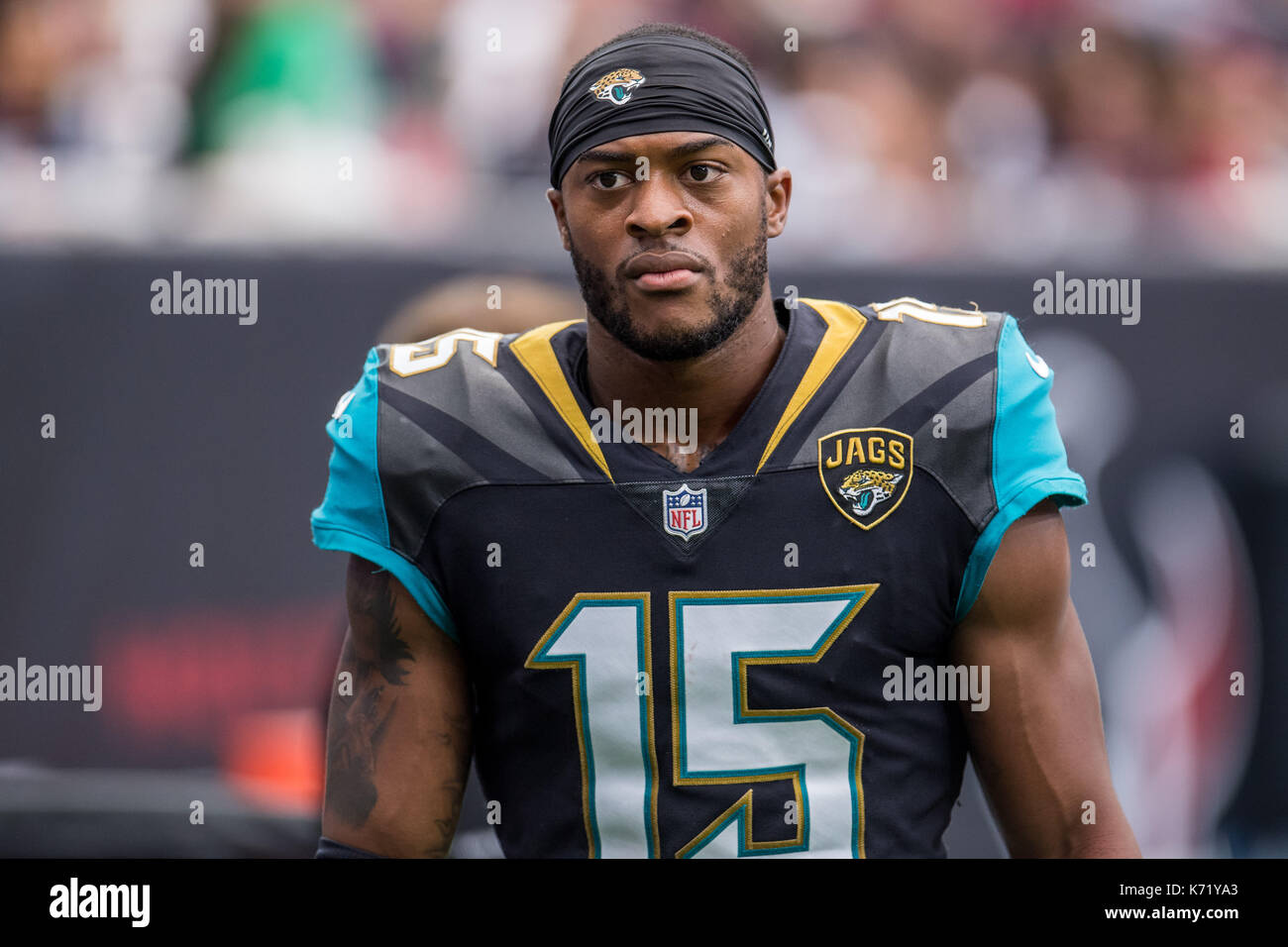 10 settembre 2017: Jacksonville Jaguars wide receiver Allen Robinson (15) durante il primo trimestre di NFL di una partita di calcio tra la Houston Texans e Jacksonville Jaguars a NRG Stadium di Houston, TX. I giaguari hanno vinto la partita 29-7...Trask Smith/CSM Foto Stock