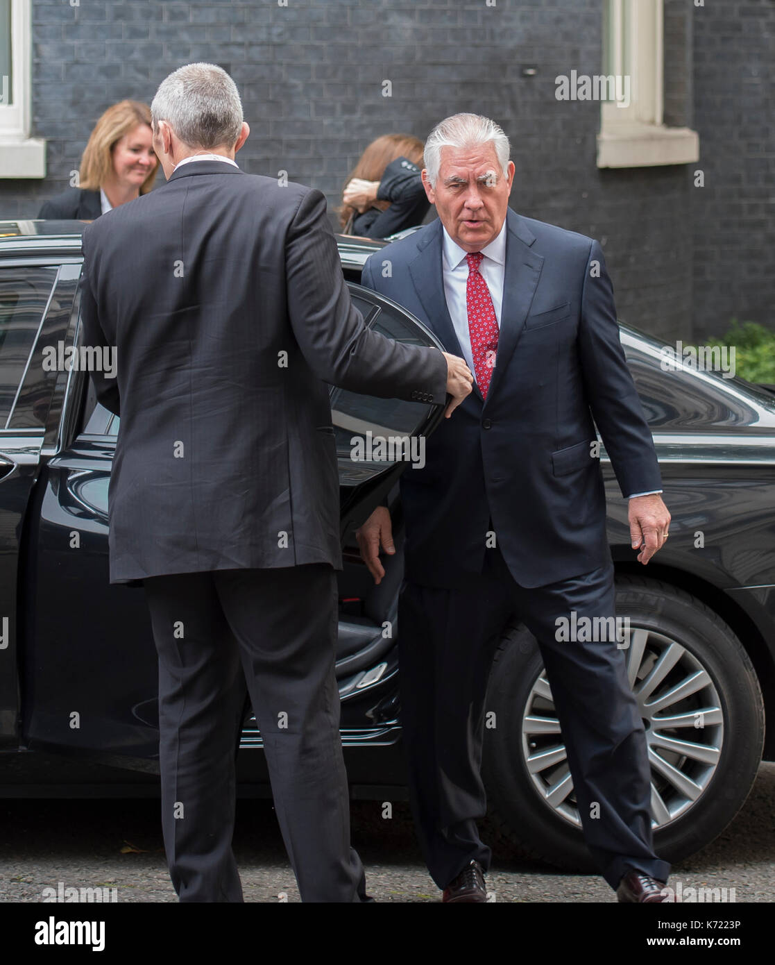 10 Downing Street, Londra UK. 14 Settembre, 2017. Il Segretario di Stato americano, Rex Tillerson, arriva al n. 10 per una breve visita. Credito: Malcolm Park/Alamy Live News. Foto Stock