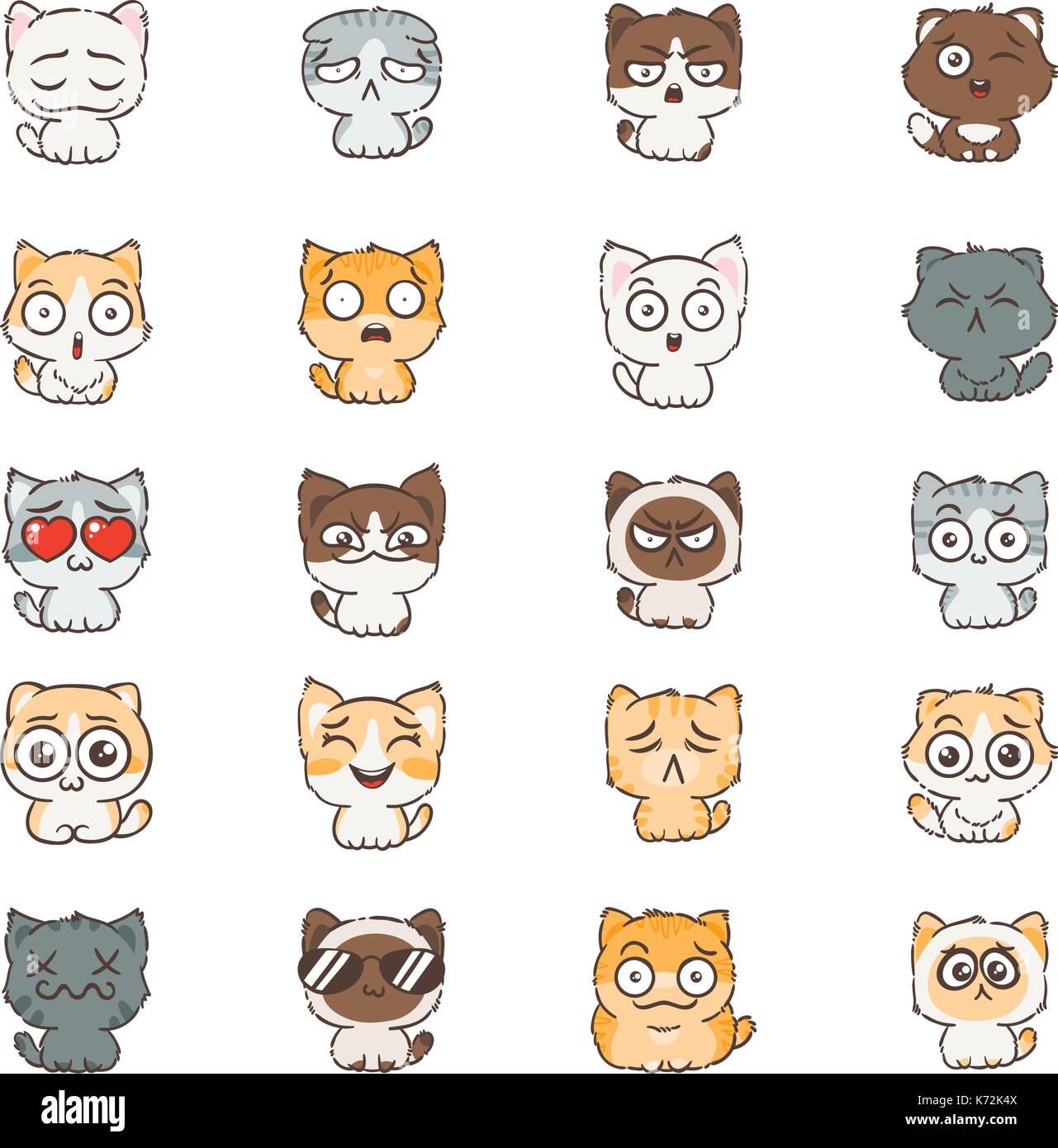 Cartoon carino cani e gatti con diverse emozioni. sticker collection. vettore di serie Doodle gli Emoji ed emoticon Illustrazione Vettoriale