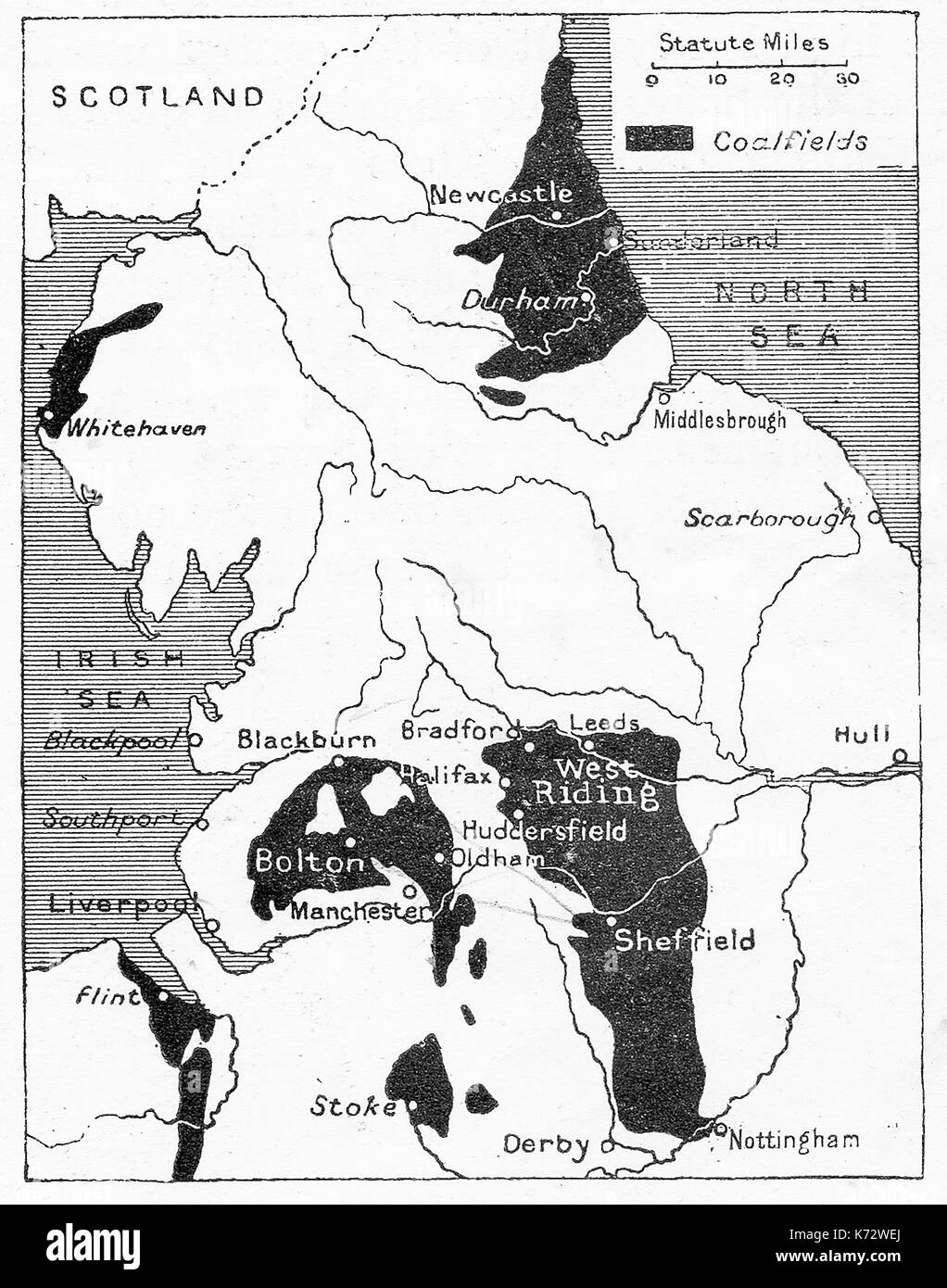 Un 1914 mappa che mostra i bacini in Inghilterra Settentrionale Foto Stock