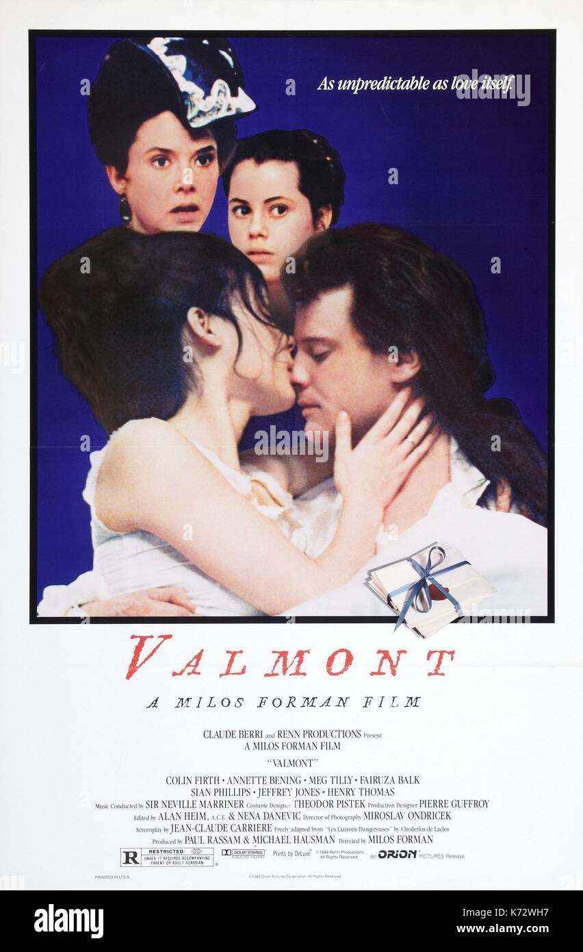 Valmont anno : 1989 USA / Francia Direttore : Milos Forman Film poster (USA) Basato sul romanzo les Liaisons dangereuses di Choderlos de Laclos. È vietato riprodurre la fotografia in un contesto di promozione del film. Deve essere accreditata alla Società del Film e/o al fotografo assegnato da o autorizzato da/autorizzato sul set dalla Società del Film. Limitato All'Uso Editoriale. Photo12 non concede i diritti di pubblicità delle persone rappresentate. Foto Stock