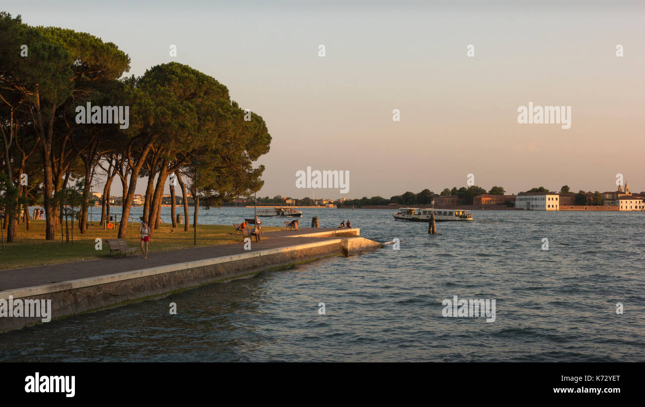 Persone rilassante e jogging a santa elena city park lungo l'acqua a Venezia, Italia, appena prima del tramonto. Foto Stock