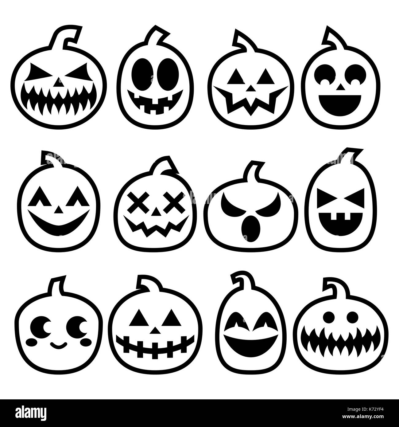Zucche di Halloween vector icon set, Scary Halloween volti design collection, corsa decorazione di zucca in nero su sfondo bianco Illustrazione Vettoriale