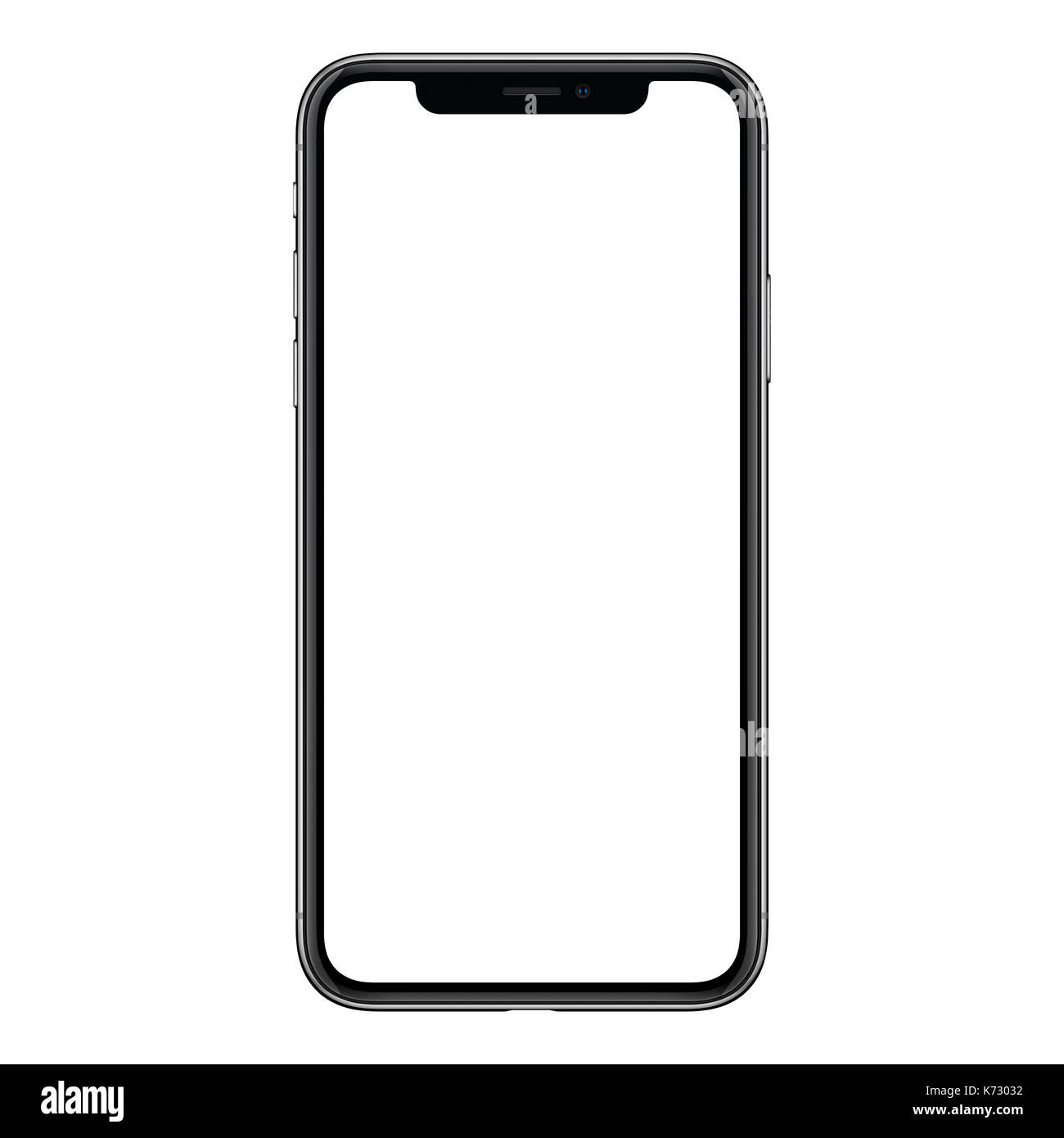 Smartphone mockup simile a iphone X. nuovo nero smartphone prive di telaio mockup con schermo bianco. Isolato su sfondo bianco. Foto Stock