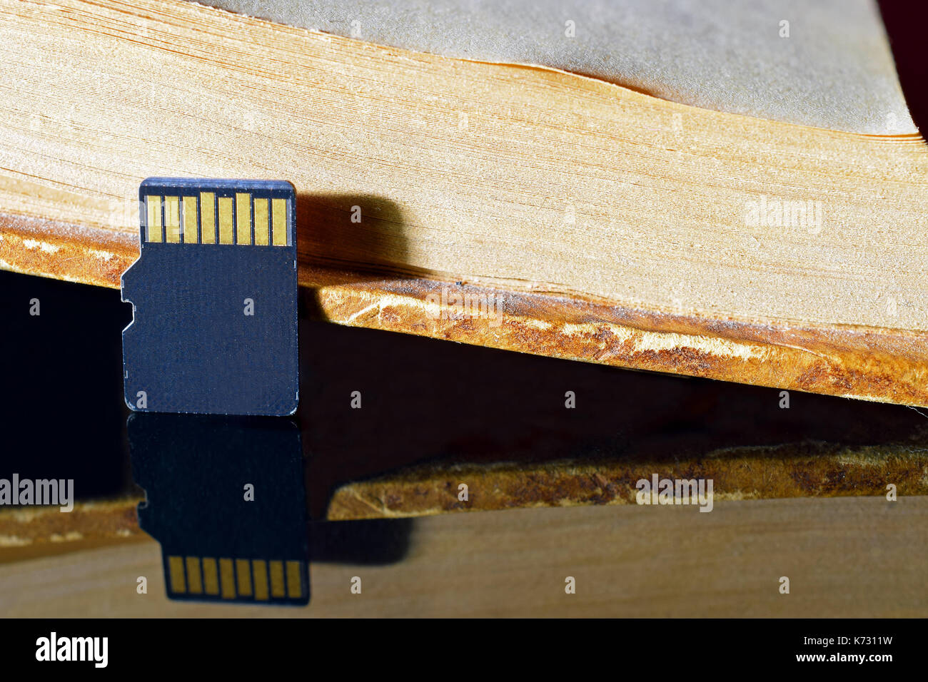 Scheda di memoria micro sd e vecchio spessore libro close up. Foto Stock