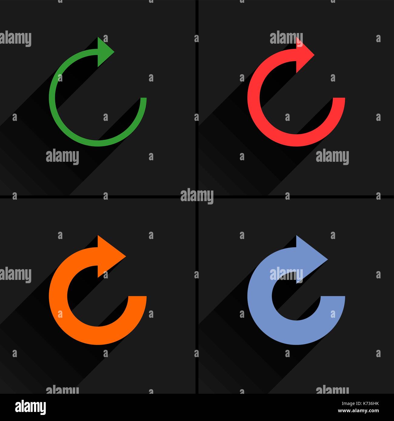 4 icona a forma di freccia. impostare 05. ripetere, ricaricare, aggiorna, rotazione, segno di reset. pittogramma di colore nero con lunga ombra su sfondo grigio. semplice, solido, pianura, Illustrazione Vettoriale