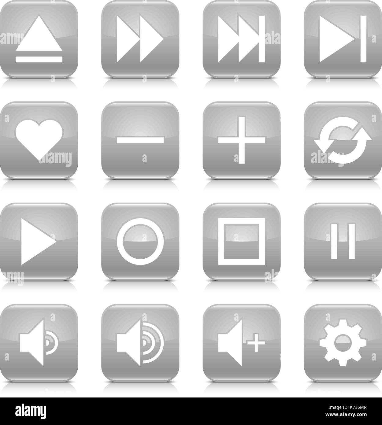 16 Controllo media imposta icona 06. cartello bianco su grigio quadrato con angoli arrotondati con il pulsante grigio a riflessione, ombra nera su sfondo bianco. stile lucido. il vettore Illustrazione Vettoriale