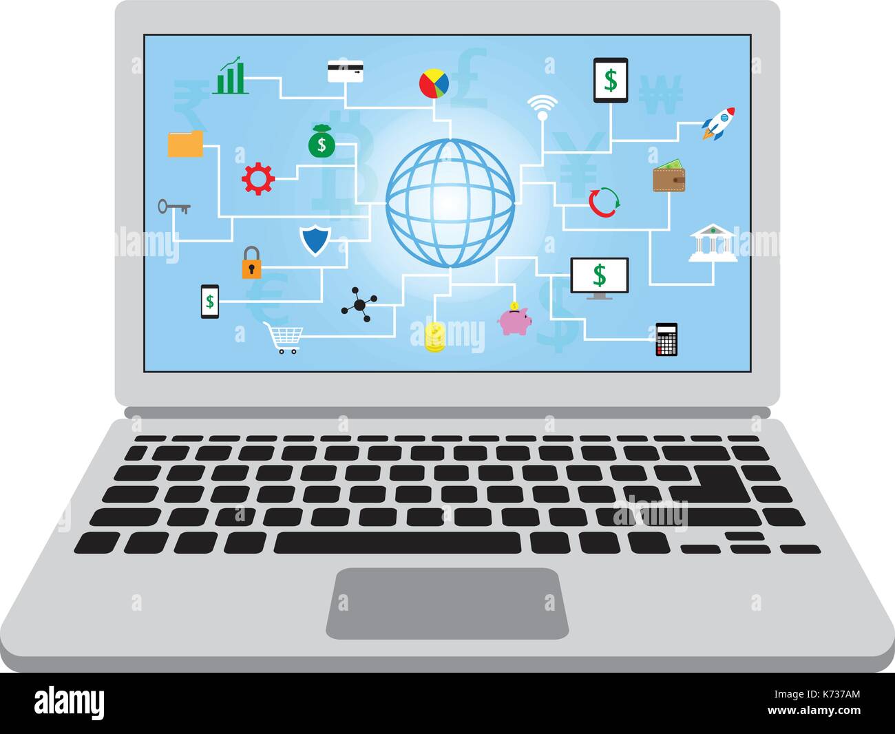 22 icone di fintech intorno a un globo con sfondo blu e più valute in una schermata di un laptop che coinvolgono in tecnologia finanziaria. Illustrazione Vettoriale