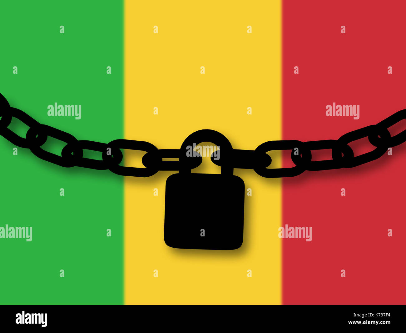 Mali sicurezza. silhouette di una catena e un lucchetto sulla bandiera nazionale Foto Stock