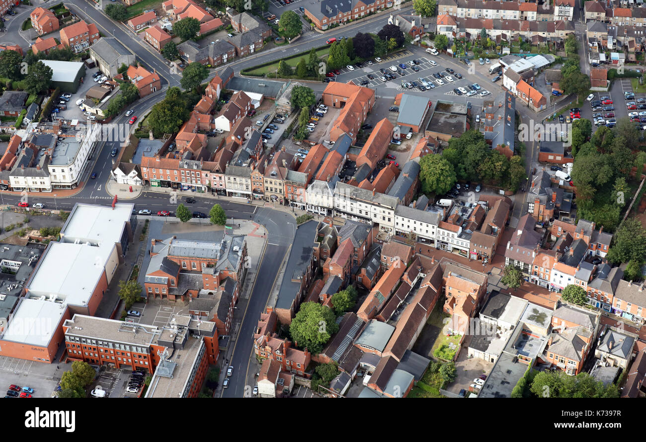 Vista aerea del Bridge Street, Worksop, Nottinghamshire, Regno Unito Foto Stock