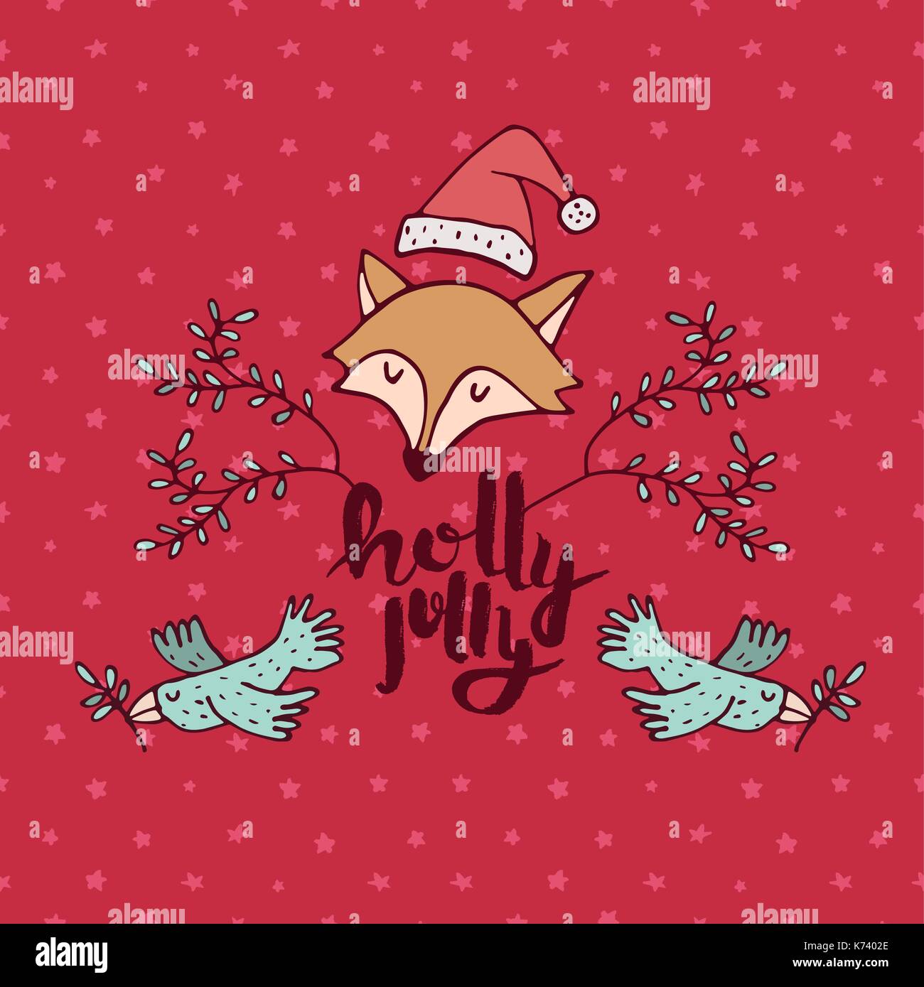Buon Natale disegnati a mano bigliettino. carino fox cartoon con santa hat, uccelli e la tipografia preventivo. eps10 vettore. Illustrazione Vettoriale