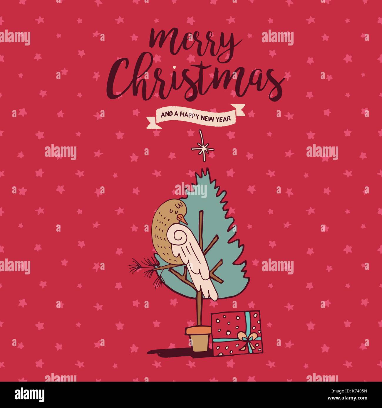 Auguri di Buon Natale felice anno nuovo disegnati a mano animale bigliettino. simpatico uccello in xmas pino cartoon con confezione regalo e vacanze preventivo tipografia. eps10 Illustrazione Vettoriale