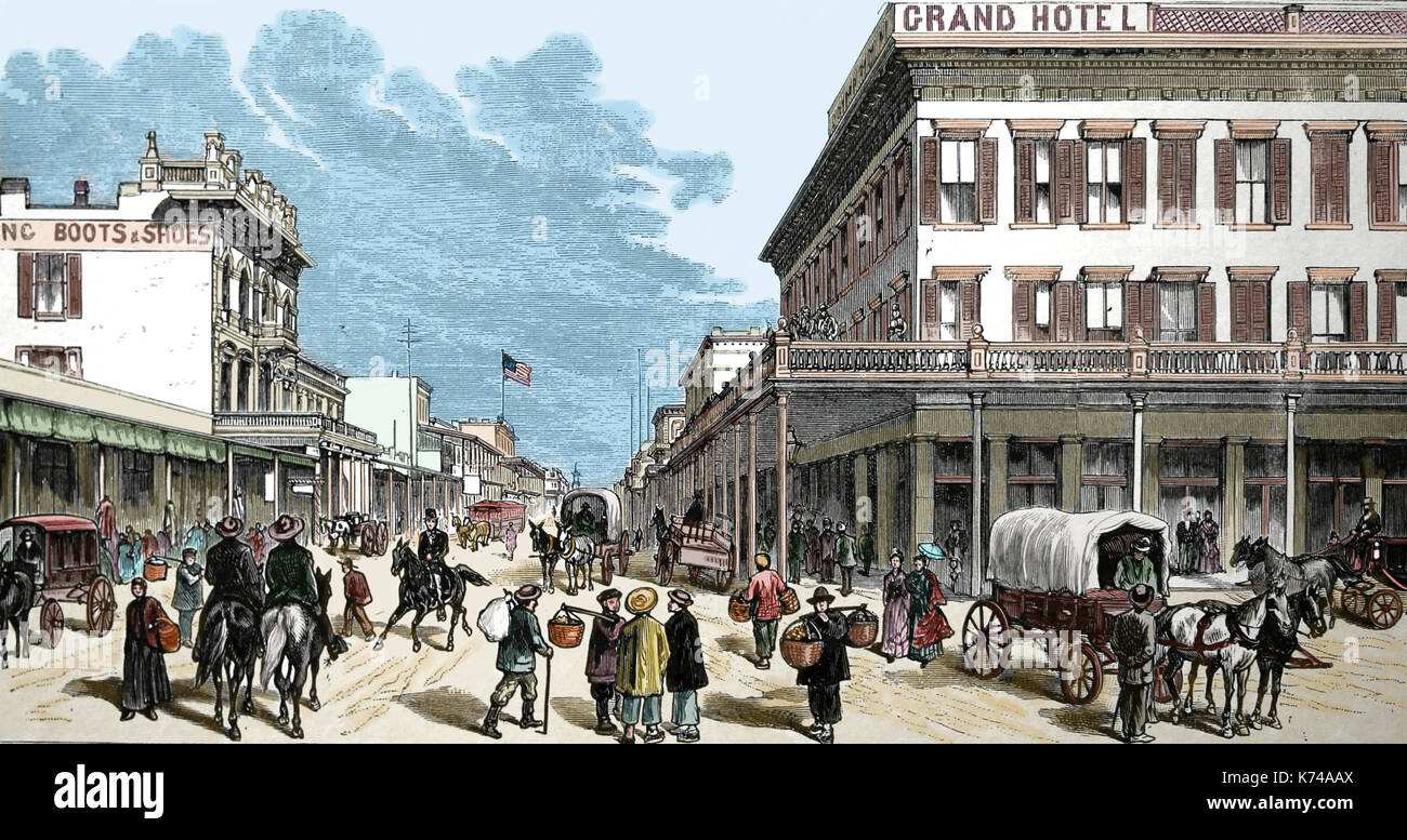 STATI UNITI. La corsa all'oro. Sacramento. Scena Street, 1878. Incisione. Il giornale illustrato di Frank Leslie, 1878. Foto Stock