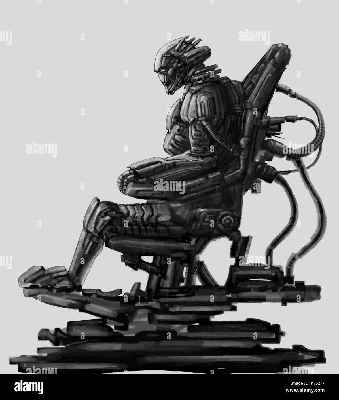 Oscuro Signore siede in tuta sul suo trono di ferro. science fiction illustrazione. carattere originale di alien astronauta nello spazio giubbotti antiproiettile. freehand digital Foto Stock