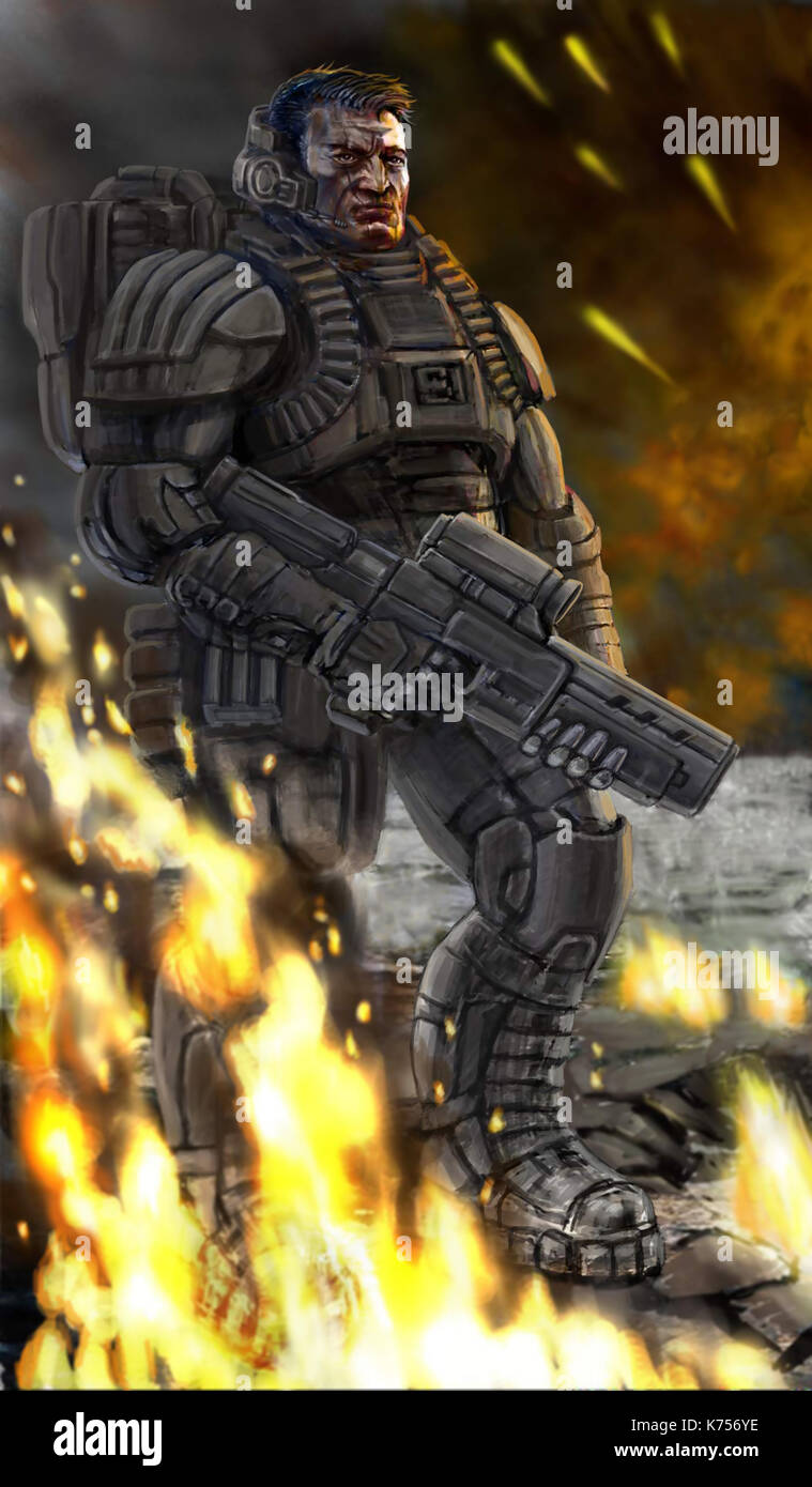 Soldato sul campo di battaglia è un abbassamento di un arma. science fiction carattere originale il soldato del futuro. freehand disegno digitale illustrati Foto Stock