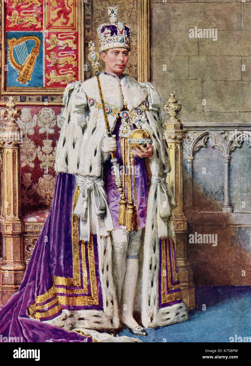 George vi in vesti di incoronazione, 1936. George VI, 1895 - 1952. re del regno unito e signorie del British Commonwealth. dal libro di incoronazione del re Giorgio VI e la regina Elisabetta, pubblicato nel 1937. Foto Stock
